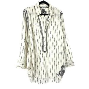 Subtle Luxury Womens L XL Boho Tunic Blouse Embroidered Ikat Print Long Sleeve